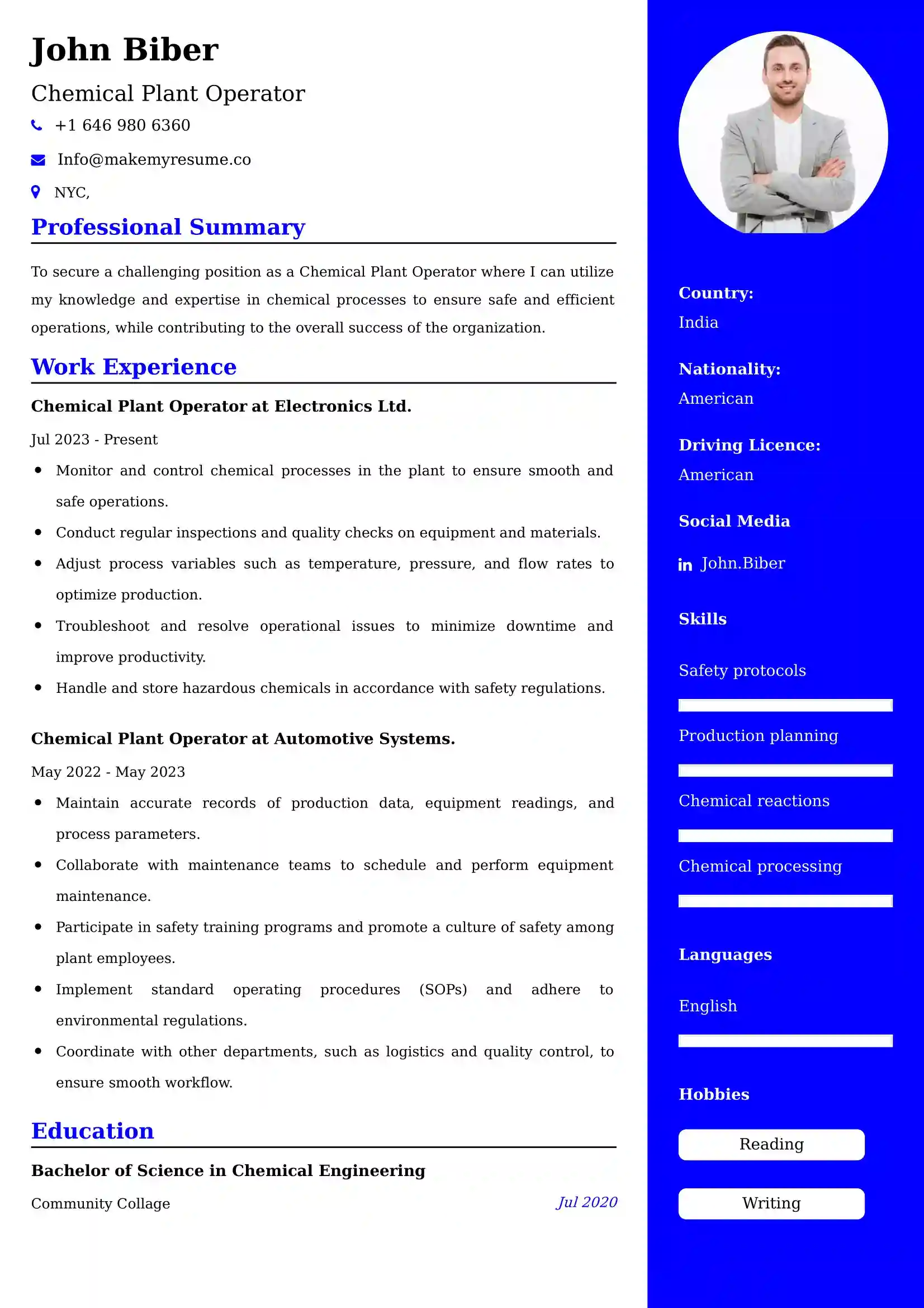 Best Chemical Plant Operator Resume Examples for UK