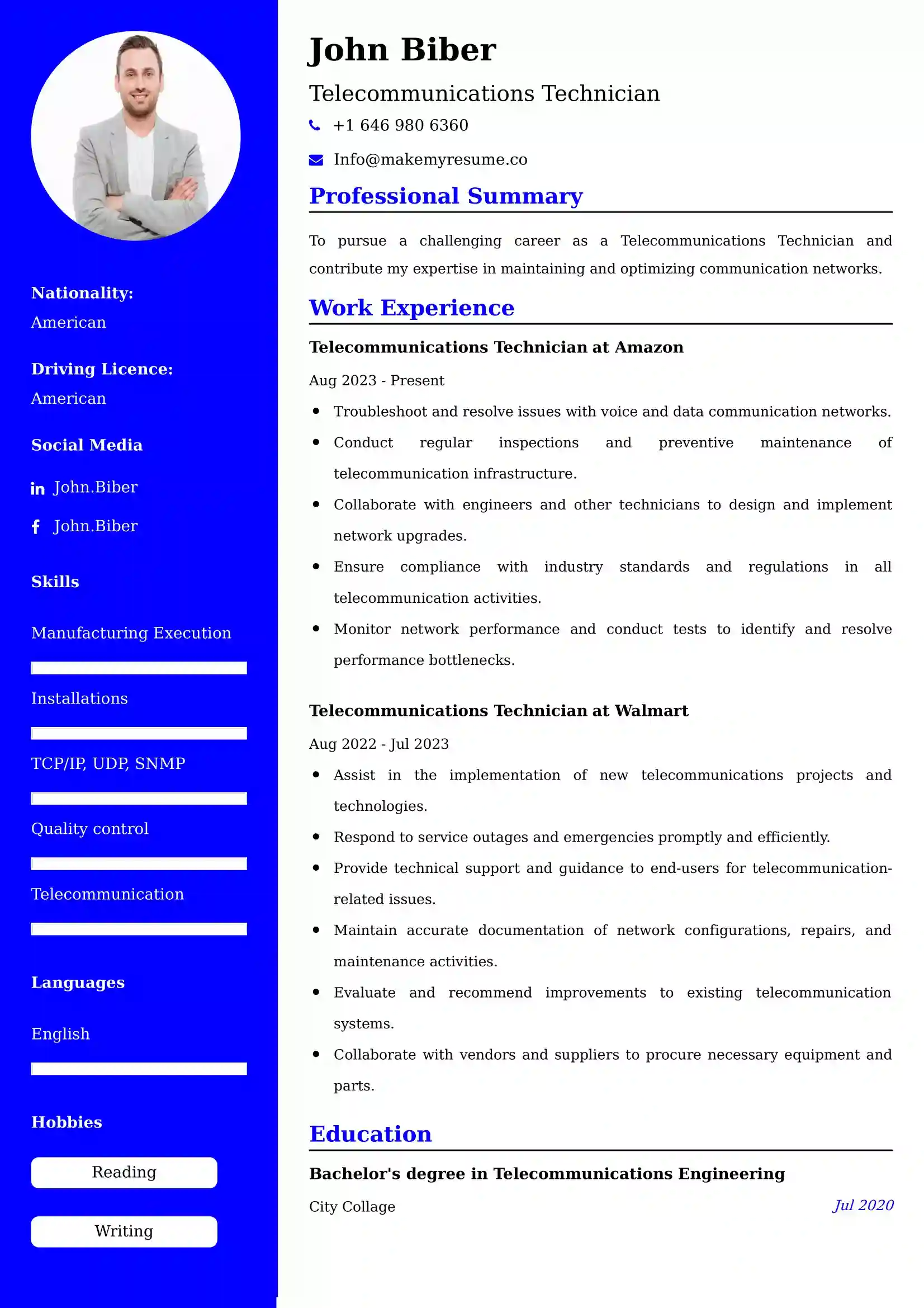 Best Telecommunications Technician Resume Examples for UK