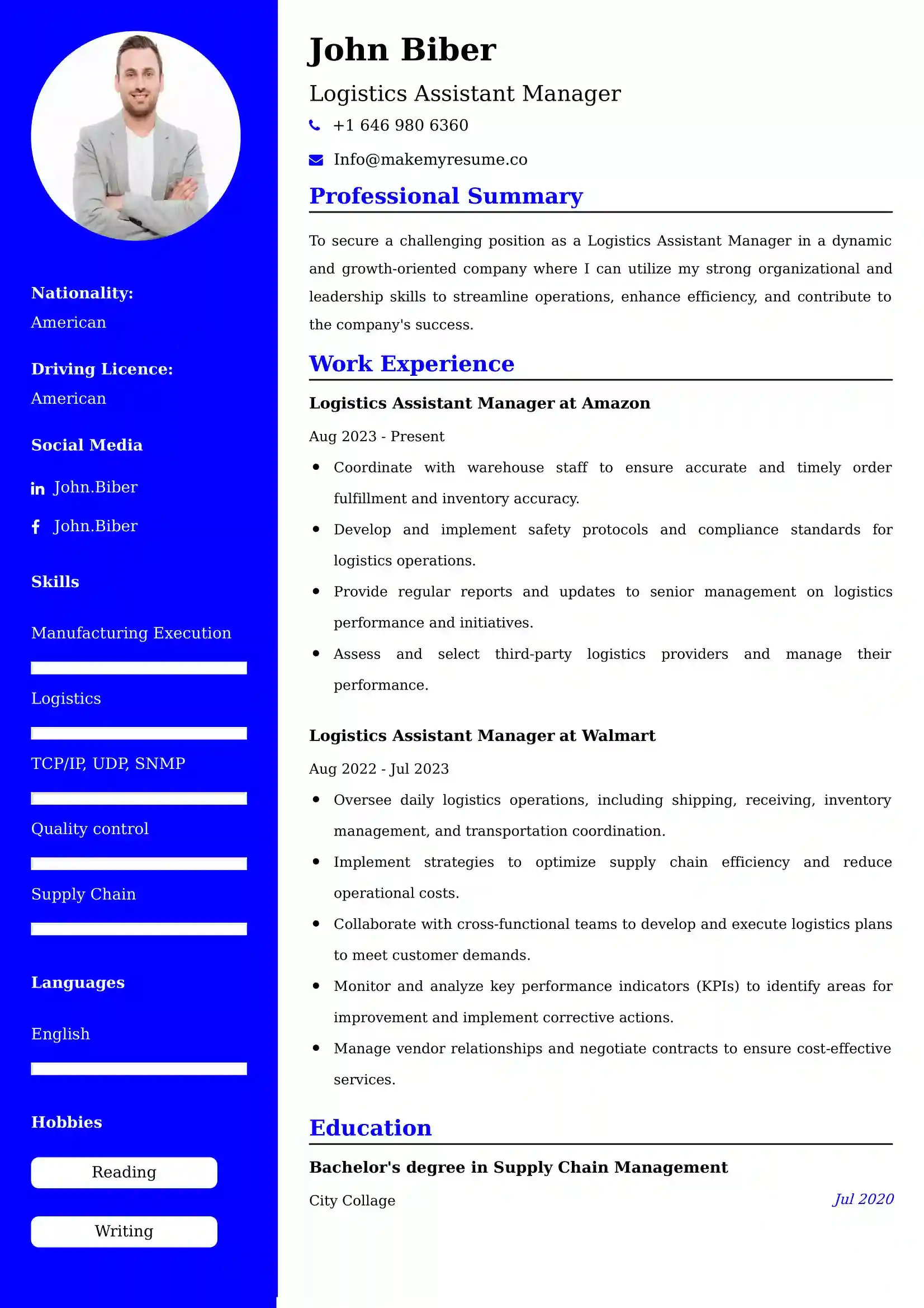 Best Logistics Assistant Manager Resume Examples for UK