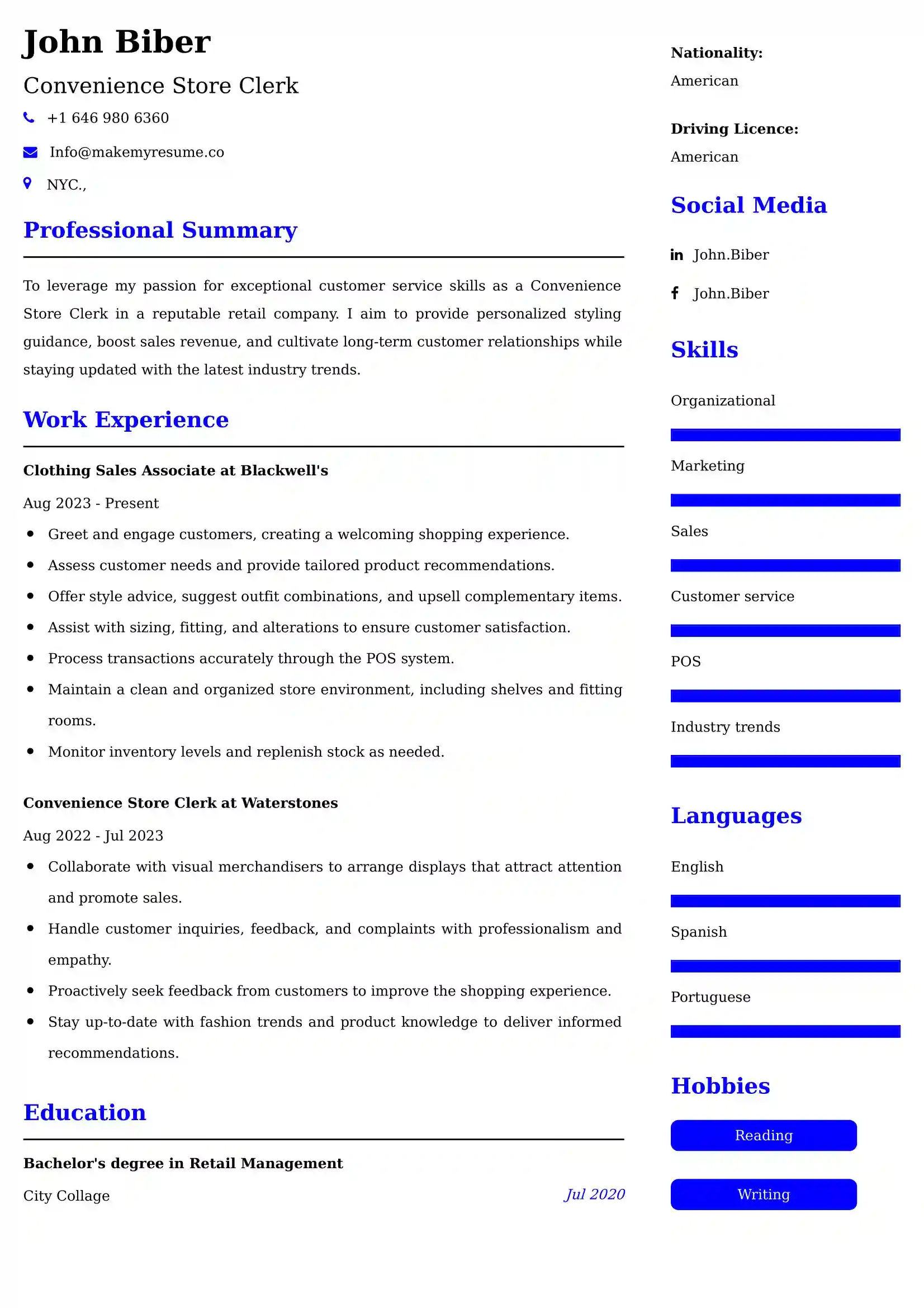 Best Convenience Store Clerk Resume Examples for UK
