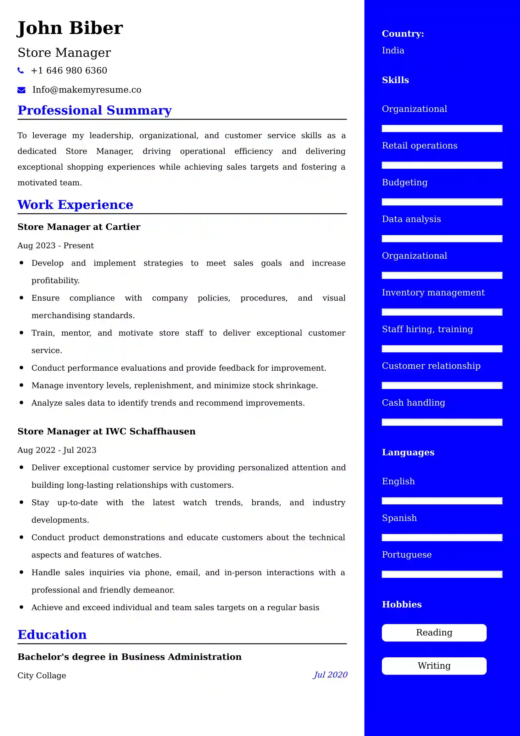 Best Store Manager Resume Examples for UK