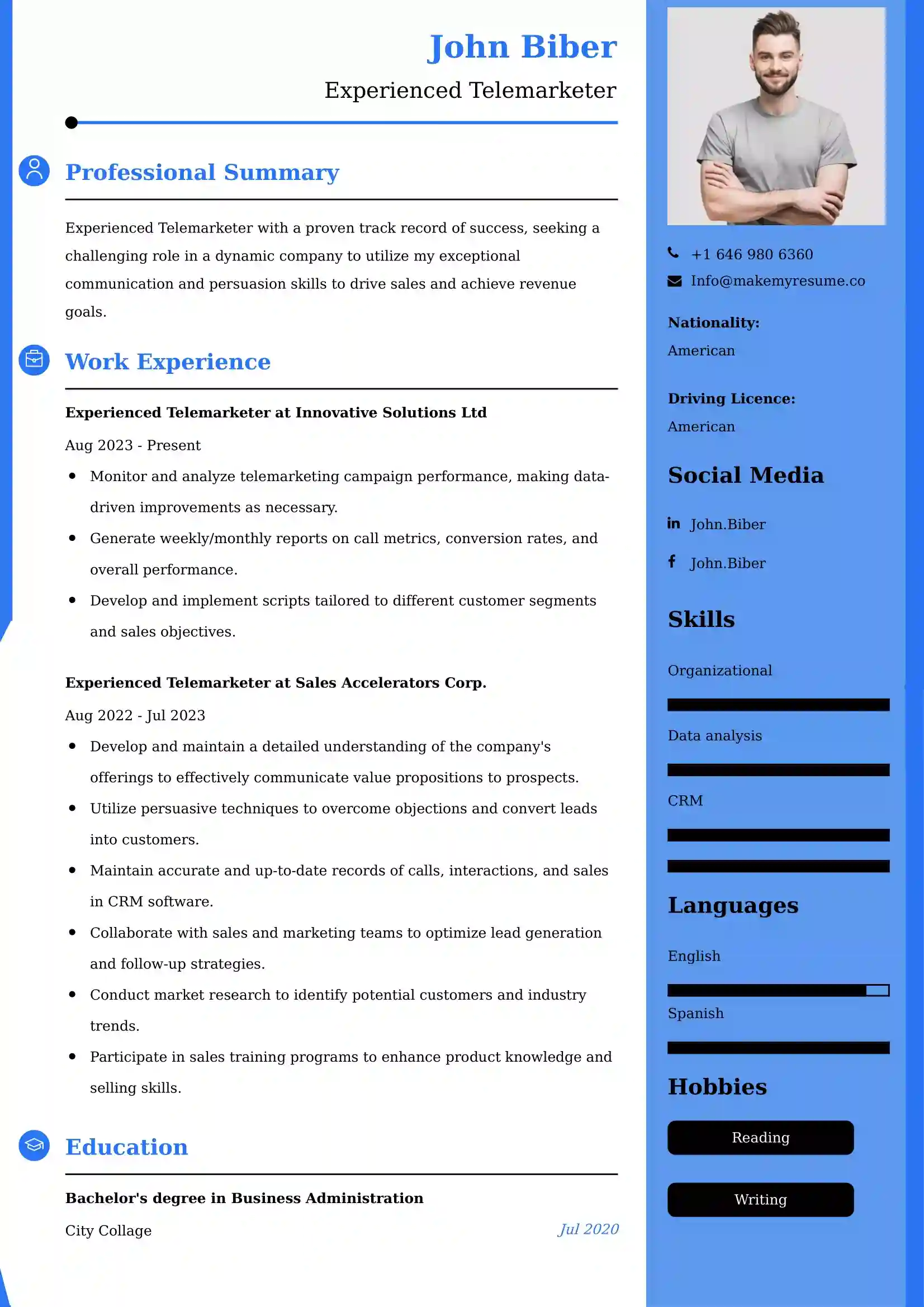 Best Experienced Telemarketer Resume Examples for UK