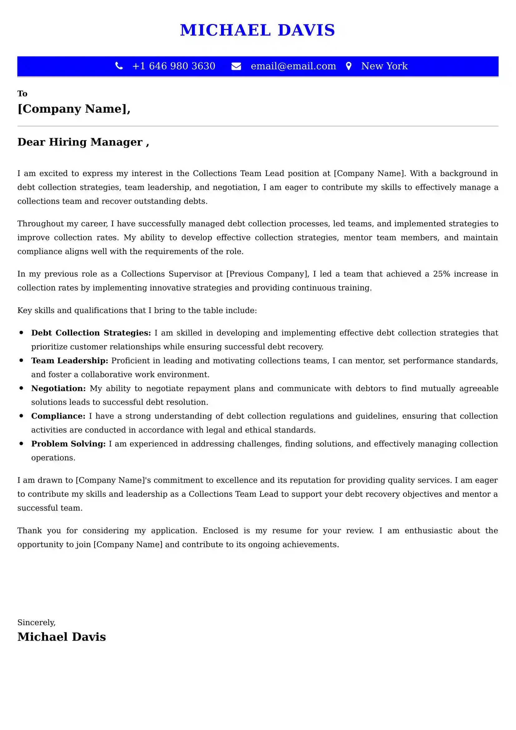 Collections Team Lead Cover Letter Examples UK - Tips and Guide