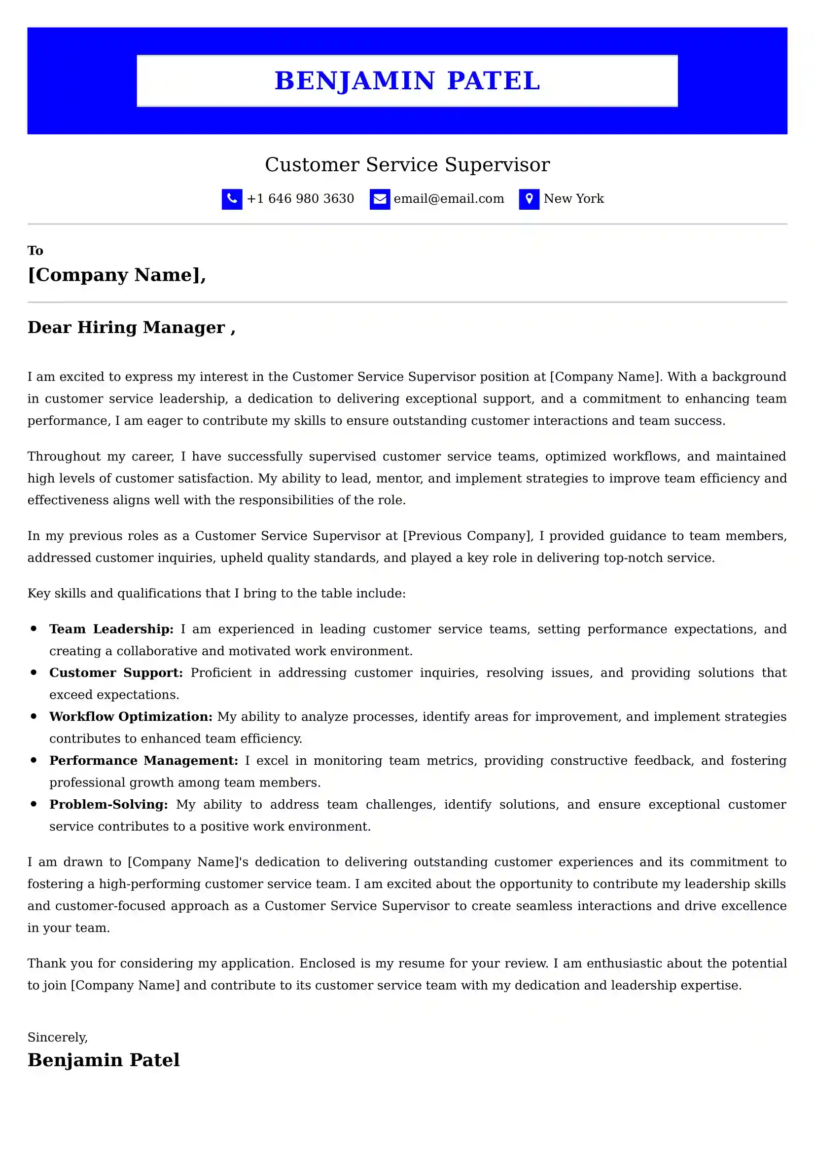 Customer Service Supervisor Cover Letter Examples UK - Tips and Guide