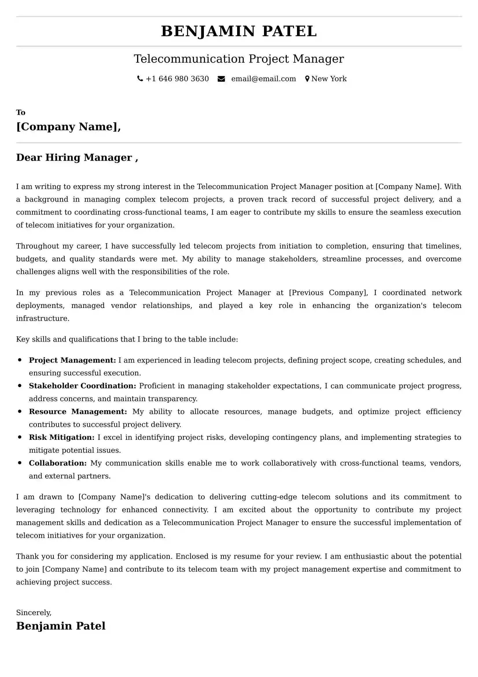 Telecommunication Project Manager Cover Letter Examples UK - Tips and Guide
