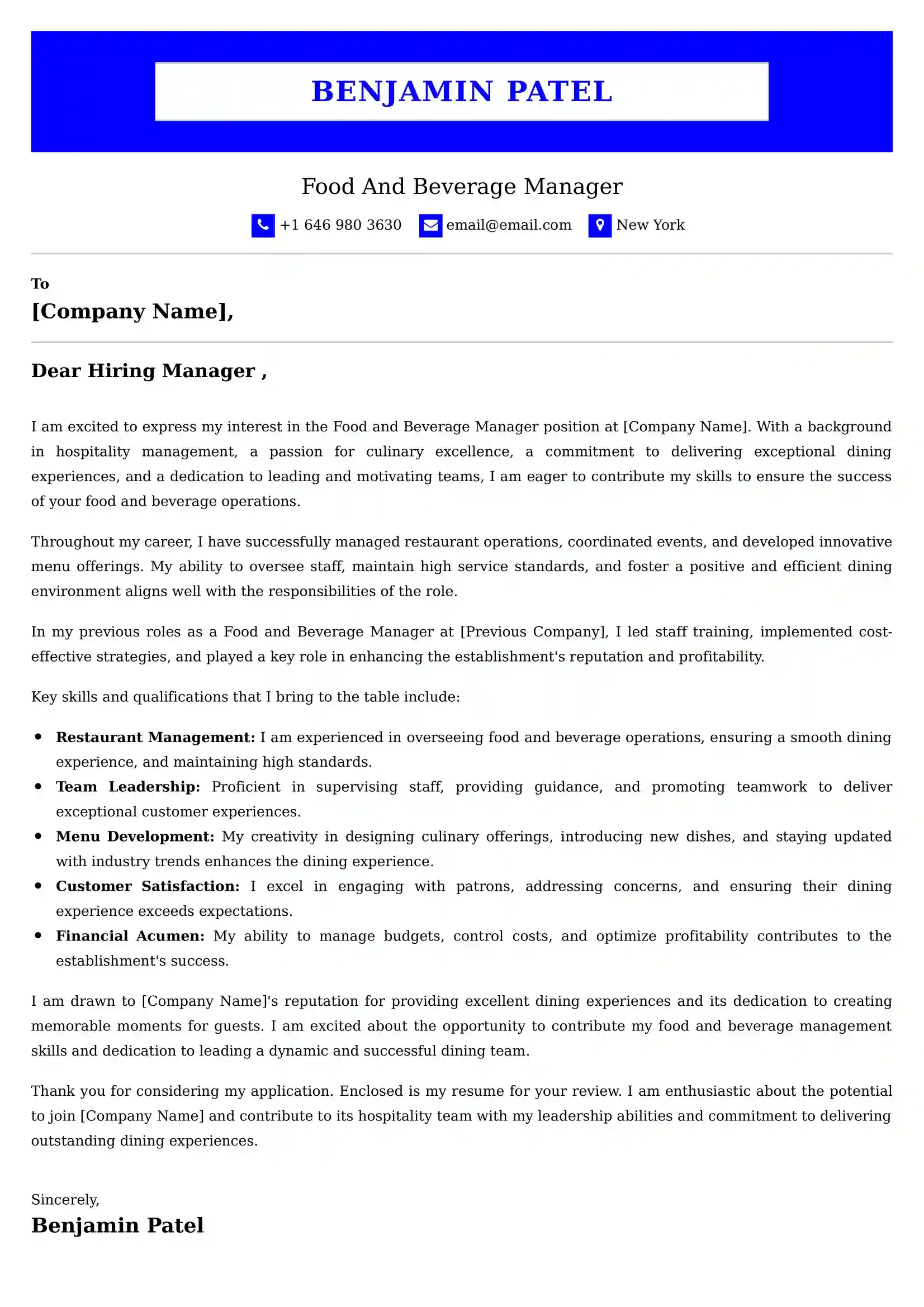 Food And Beverage Server Cover Letter Examples UK - Tips and Guide